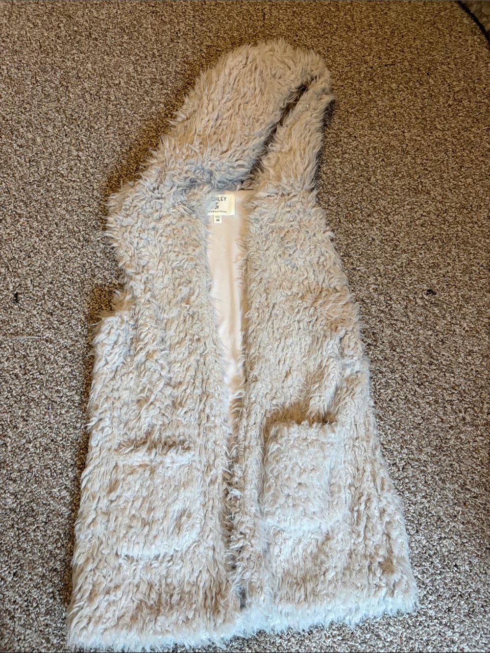 Ashley By 26 International Light Gray Faux Fur Hooded Vest